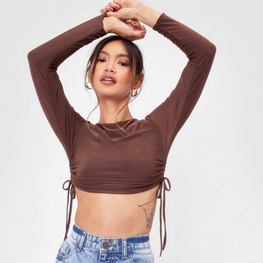 Brown Long Sleeve Rouched Crop Top from NastyGal